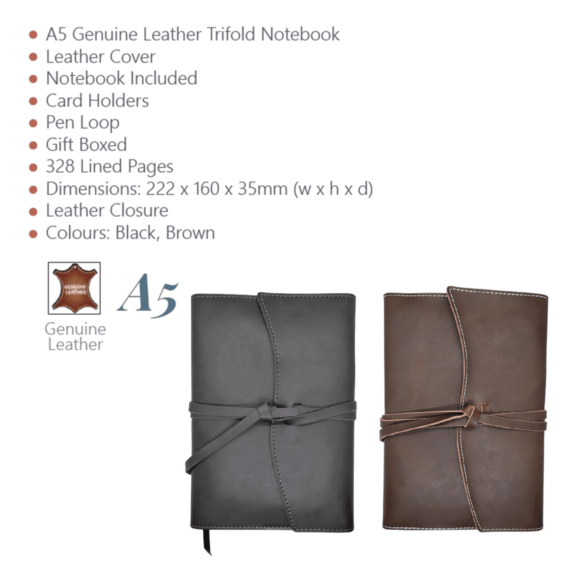 A5 Genuine Leather Trifold Slip On Notebook Cover and Notebook - Mirelle Leather and Lifestyle