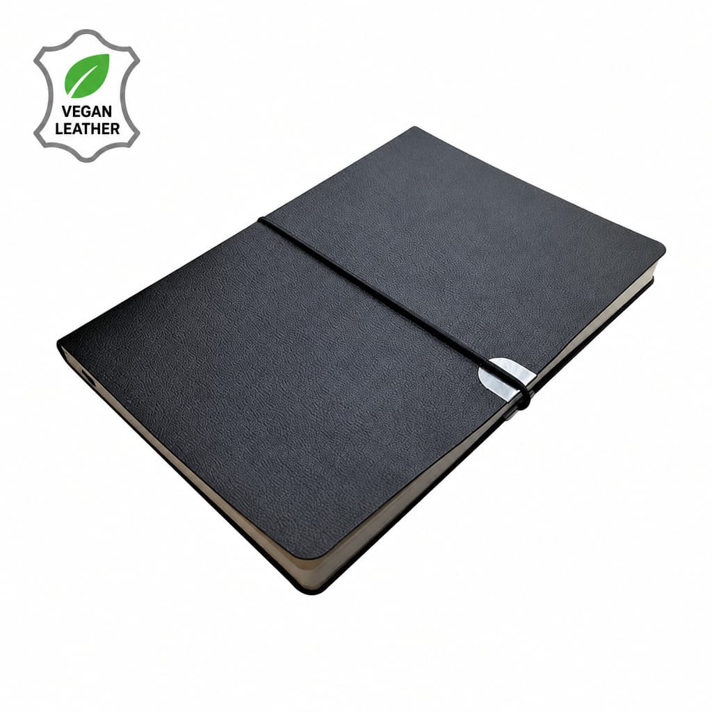 A5 Vegan Leather Notebook with Elastic - Black | Mirelle