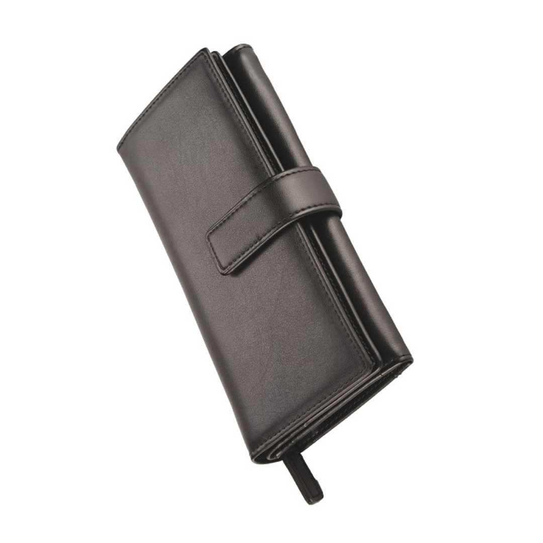 Deluxe Tri-Fold Leather Ladies Purse with Tab - Black