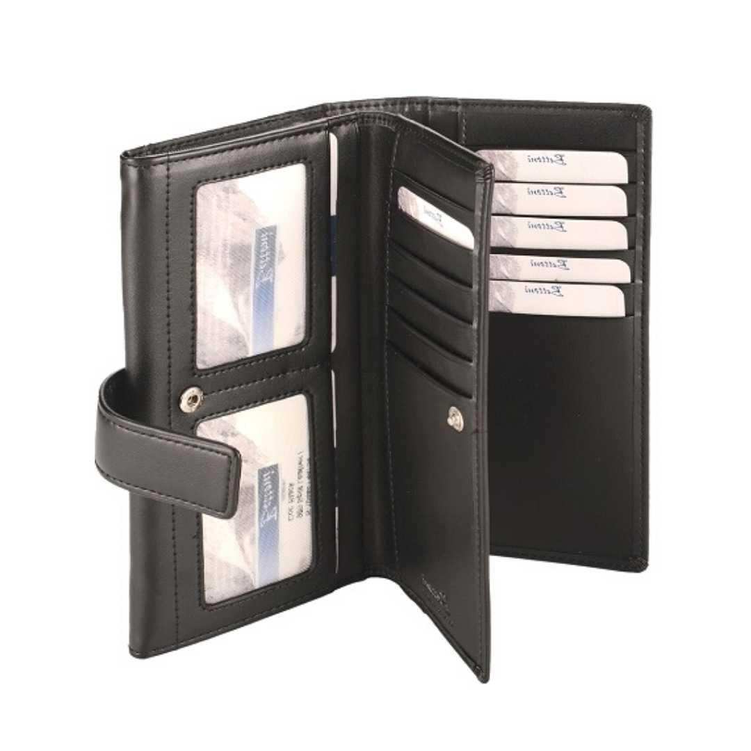Deluxe Tri-Fold Leather Ladies Purse with Tab - Black