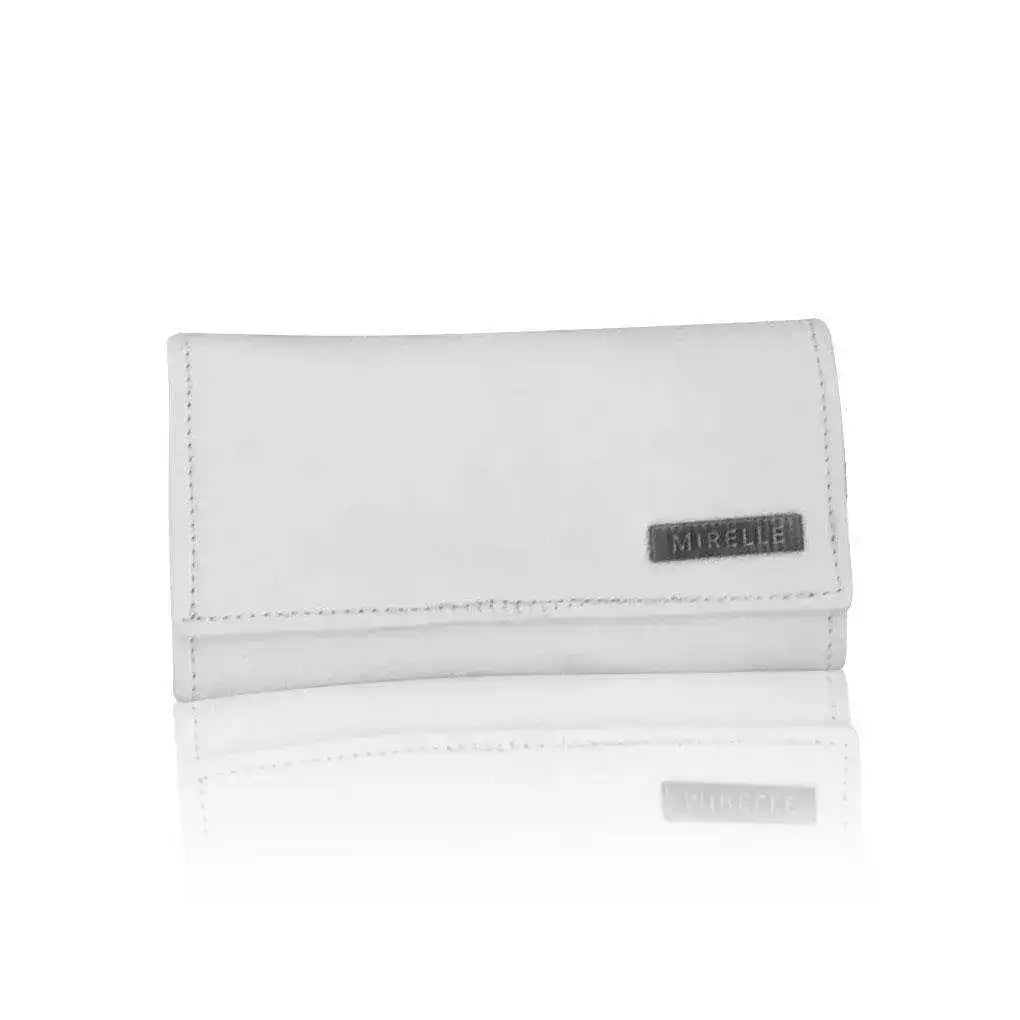 White genuine leather ladies purse with Mirelle logo on front, sleek and classic design