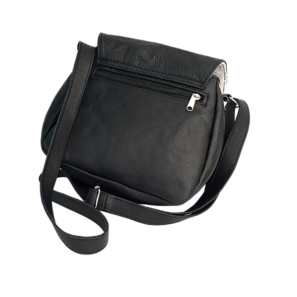 Black leather crossbody bag on a white background
