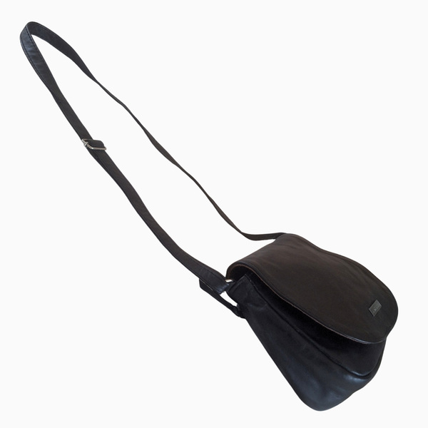 Black leather crossbody bag on a white background