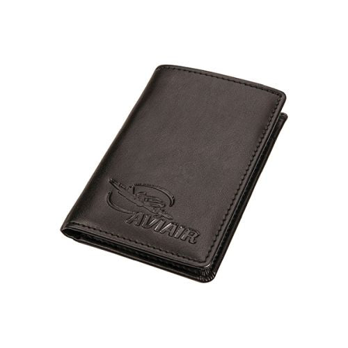 A dark brown leather bifold wallet with an embossed 'Avair' logo on the front, shown on a plain white background.