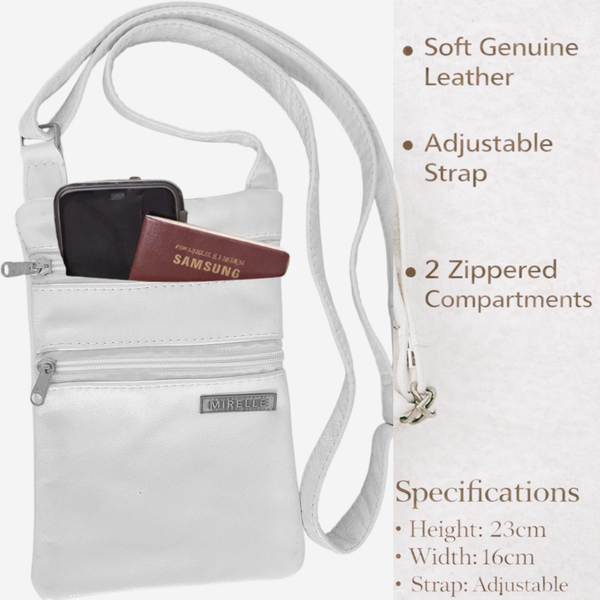 Leather 2-Pocket Crossbody Handbag - Genuine Leather Bag - White | MIRELLE → Featured Special Mirelle Leather and Lifestyle