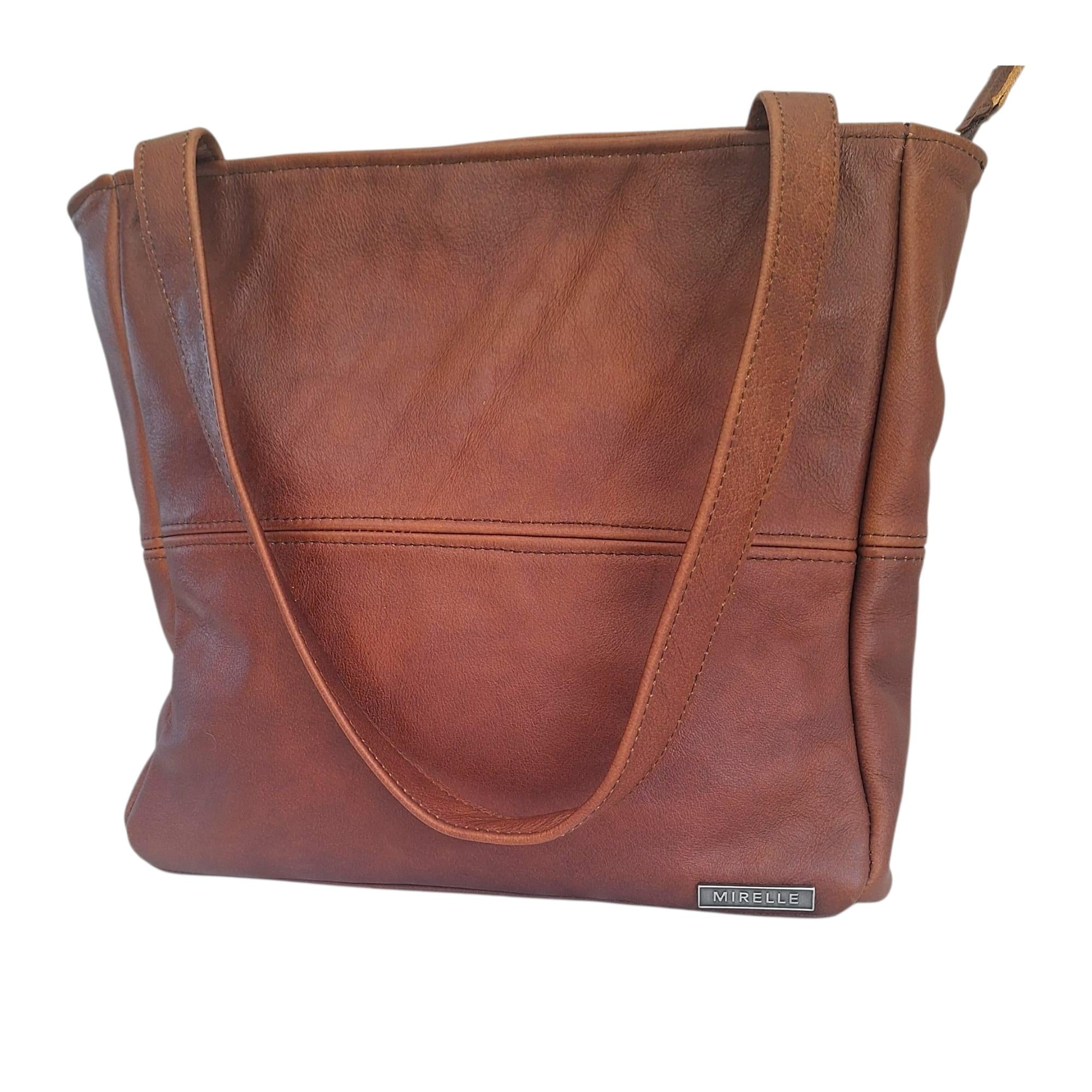 Leather Shopper Handbag With Outside Zipped Pocket - Medium | MIRELLE