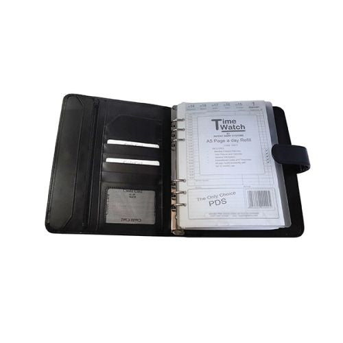 Open A5 genuine leather organiser showing ring mechanism and pockets