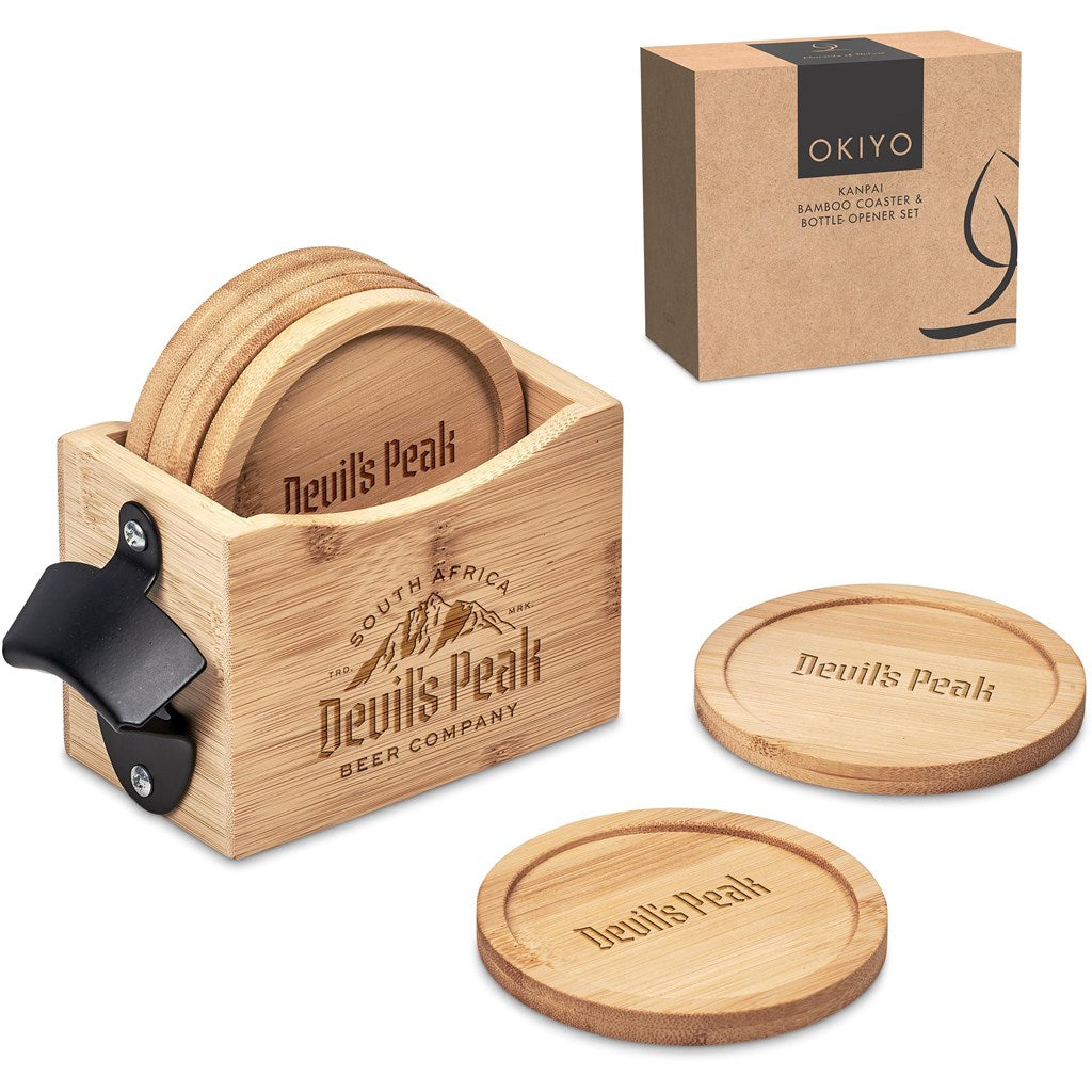 Okiyo Kanpai Bamboo Coaster & Bottle Opener Set Mirelle Leather and Lifestyle