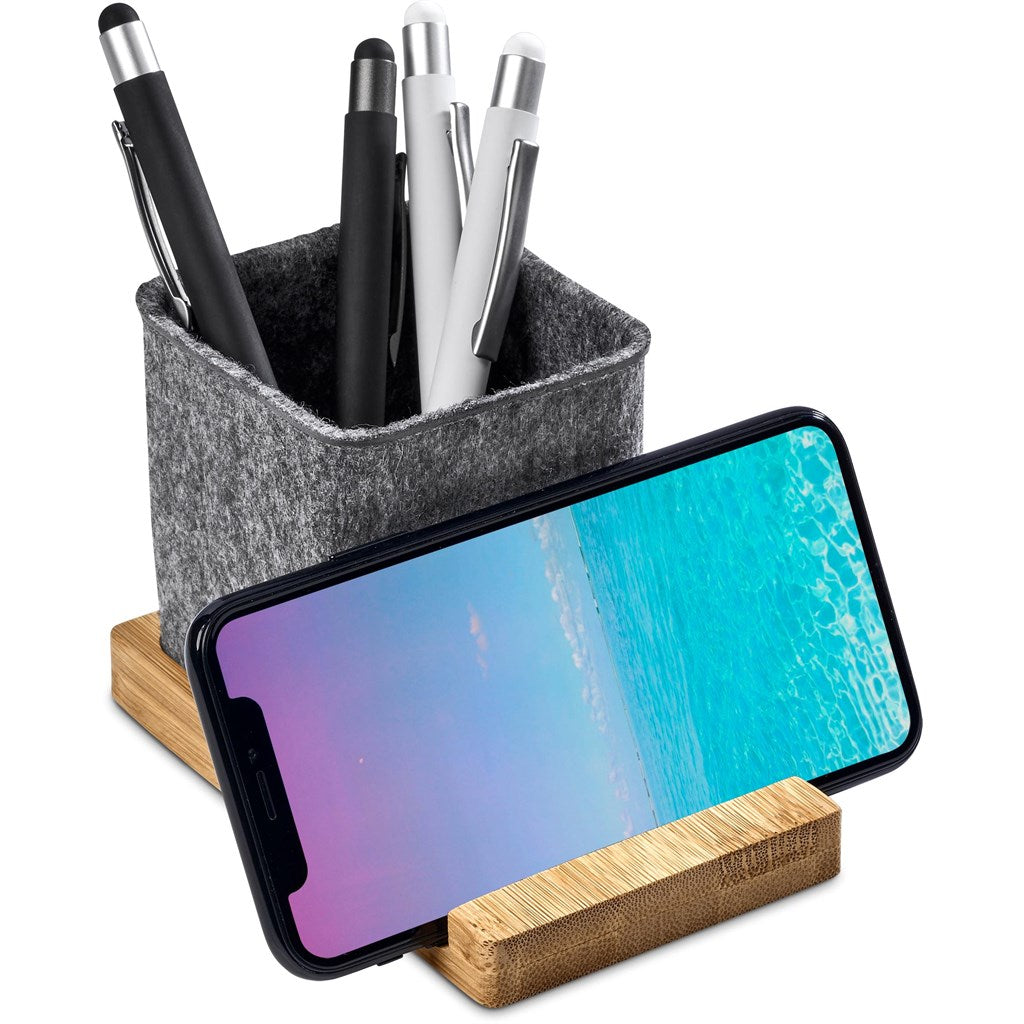 Okiyo Kyadi Recycled PET & Bamboo Desk Caddy Phone Stand Mirelle Leather and Lifestyle