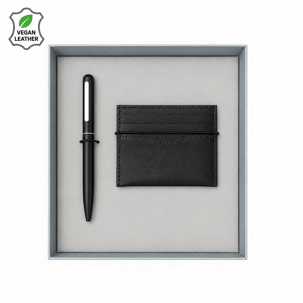 Vegan Leather RFID Card Holder & Pen Gift Set - Black | MIRELLE