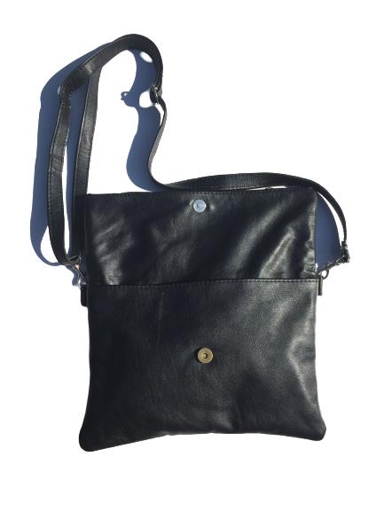 Mirelle Genuine Leather Fold Over Messenger Handbag - Black