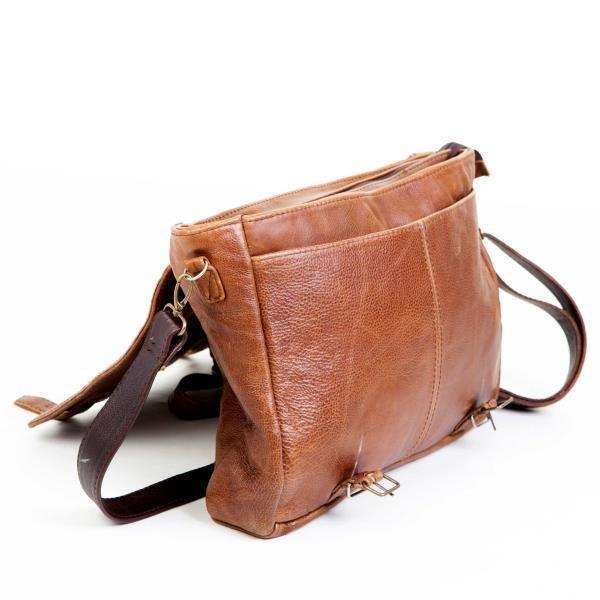 Genuine brown leather classic office laptop bag with adjustable shoulder strap on white background