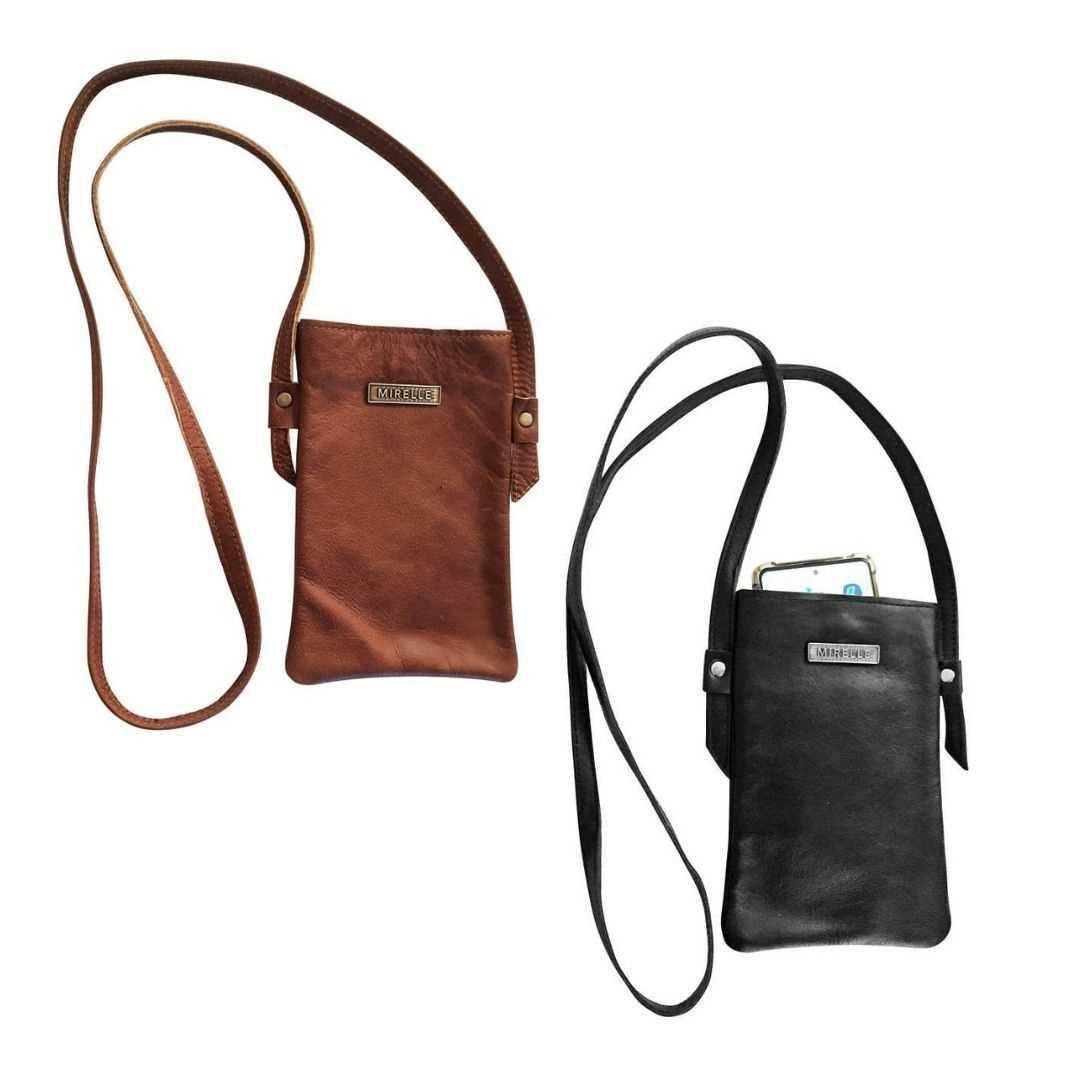 Leather Ladies Crossbody Cellphone Sling Bag - Pecan and Black - Combo | MIRELLE - South Africa - Mirelle Leather and Lifestyle