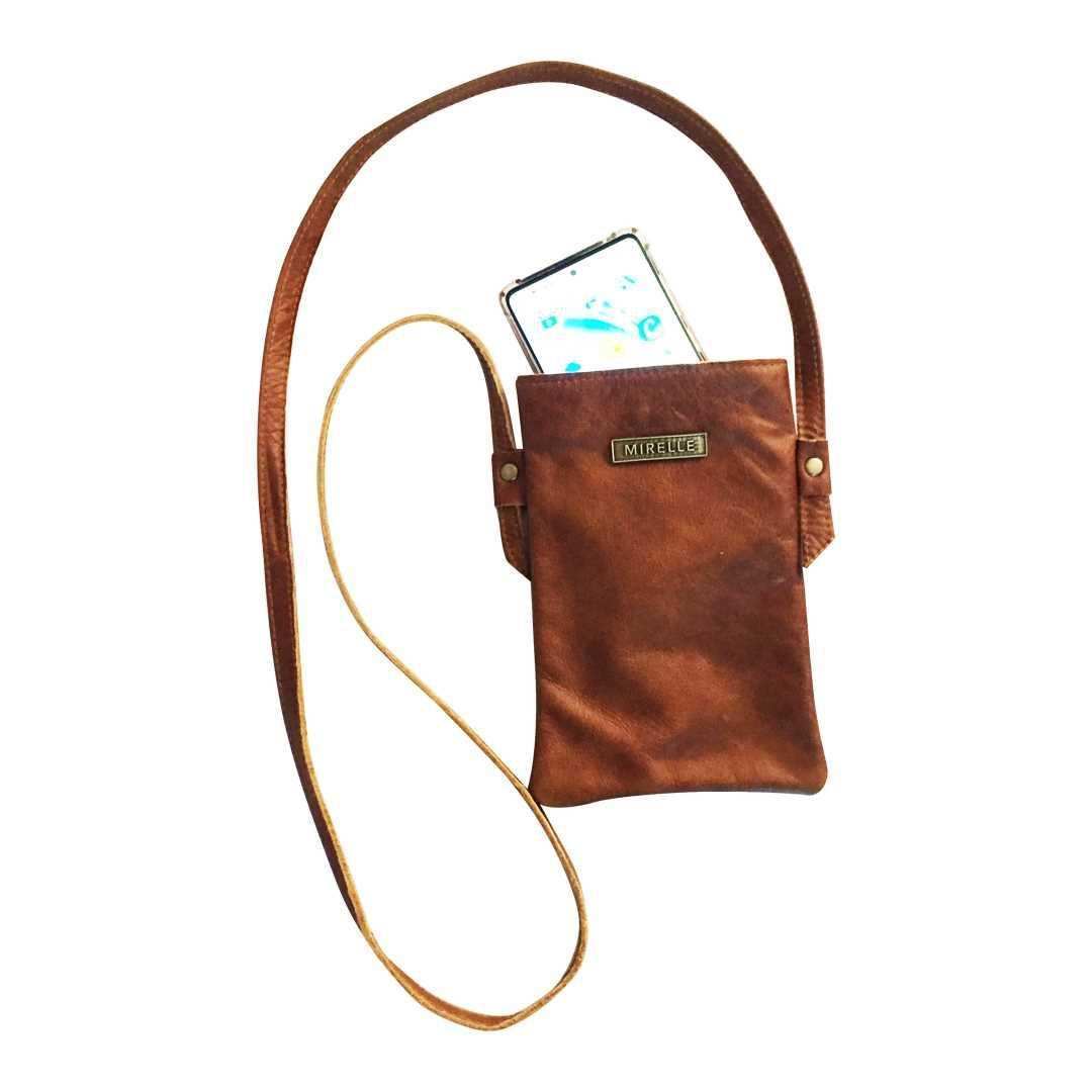 Leather Ladies Crossbody Cellphone Sling Bag - Pecan and Black - Combo | MIRELLE - South Africa - Mirelle Leather and Lifestyle
