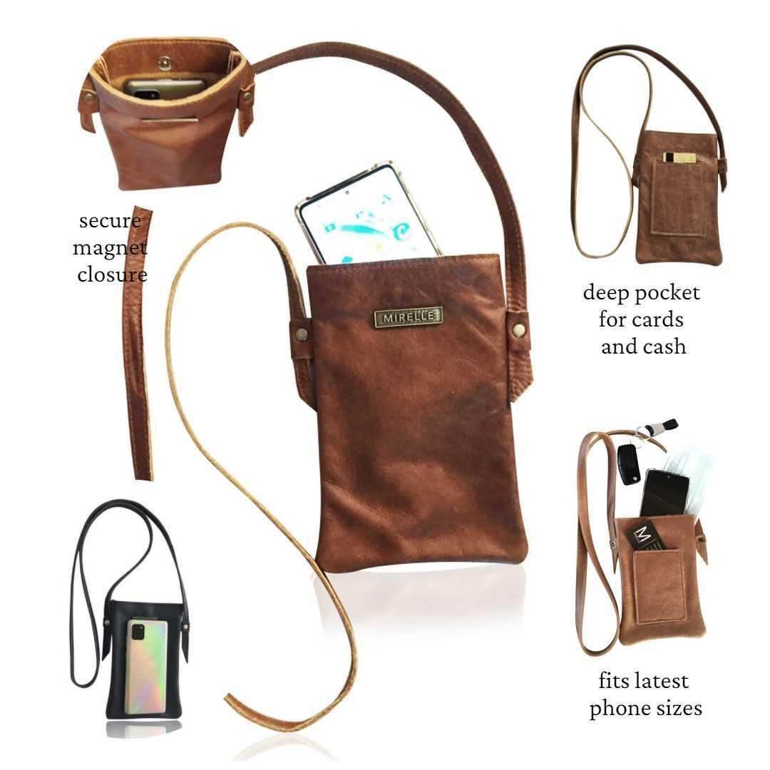 Leather Ladies Crossbody Cellphone Sling Bag - Pecan and Black - Combo | MIRELLE - South Africa - Mirelle Leather and Lifestyle
