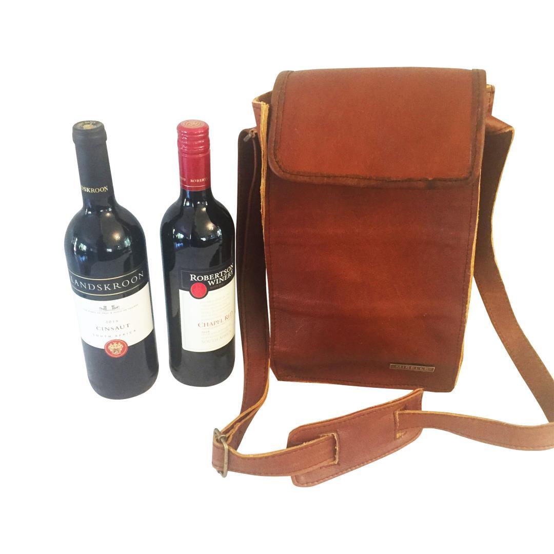 MIRELLE Genuine Leather 2 Bottle Wine Carrier Sling Bag - Tan - Mirelle Leather and Lifestyle